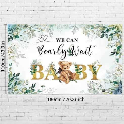 Tegeme Bear Baby Shower Backdrop, We Can Bearly Wait Watercolor Green Leaves Banner for Photography