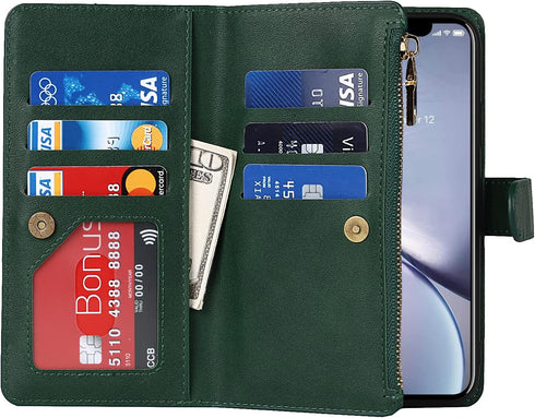 Jaorty Wallet Case for iPhone XR, 9 Card Slots, Wrist Strap, Zipper Cash Pocket, Shockproof Slim Case (Dark Green)