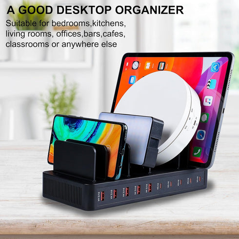 Haioulun 100W 10-Port 5 5 Smart Charging Station | USB-A & USB-C Ports | Organized Design for Cellphones, Tablets