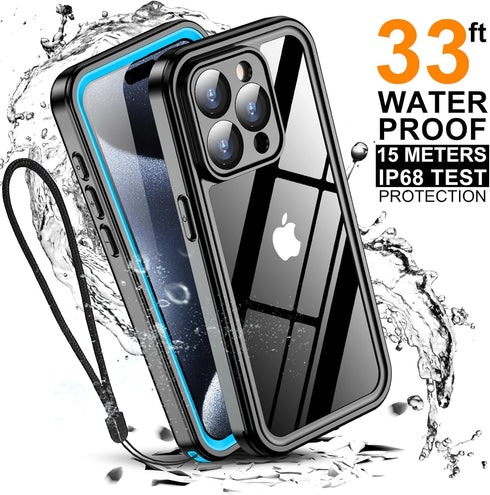 Temdan Waterproof Case for iPhone 15 Pro, IP68 Underwater, 15FT Military Dropproof, Full Body Shockproof, Blue/Clear