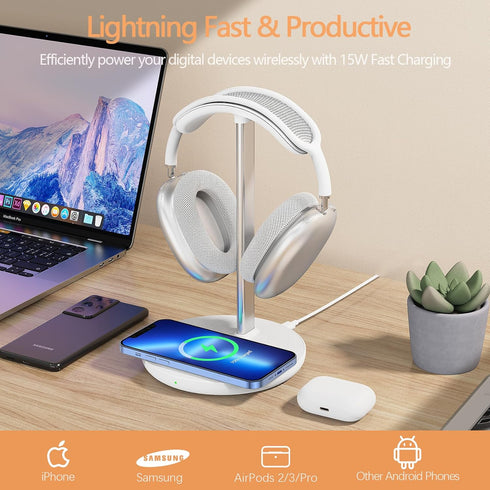 Headphone Stand with Wireless Charger, Gaming Headset Holder Hanger Rack 2 IN 1 Wireless Charging Station Dock for
