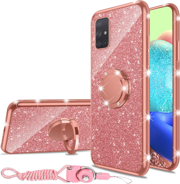 nancheng Cute Girls Women Glitter Silicone Phone Case for Samsung Galaxy A71 5G with Ring Stand Strap Lanyard - Rose