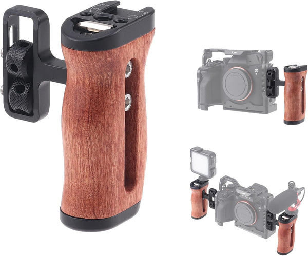 Fotga Wooden Side Handle Grip with 1/4"-20 Mount Holes, Cold Shoe for DSLR Mirrorless Video Camera Cage