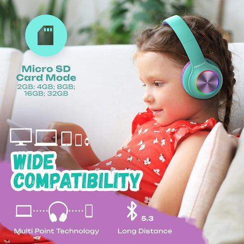 PowerLocus PLED Kids Bluetooth Headphones, Wireless with LED Lights, Safe Volume, Micro SD, AUX Cable, Hi-Fi Stereo