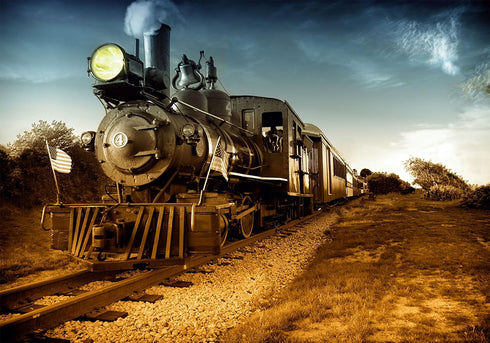 SHDASMIL 5X3ft Fabric Vintage Steam Locomotive Backdrop Sunset Train Tracks Background Western Cowboy