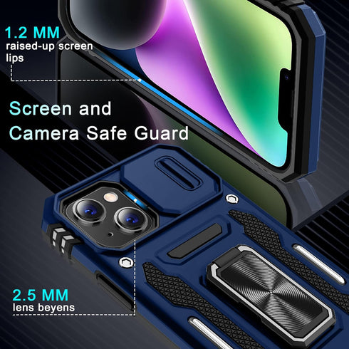 DEERLAMN iPhone 13/14 Case with Slide Camera Cover + Screen Protector (2 Packs), Navy Blue, Military Grade Shockproof
