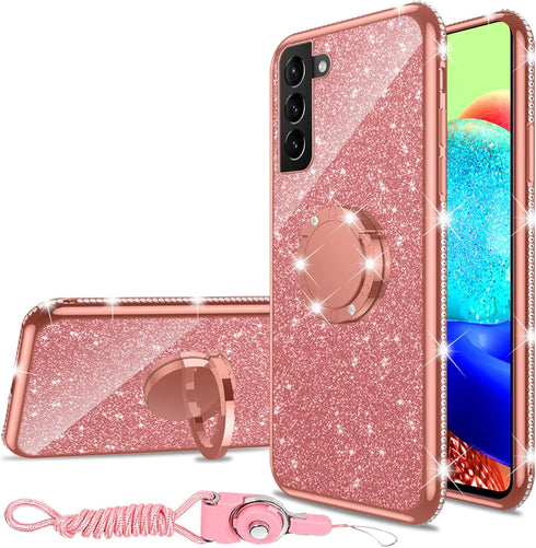 Samsung Galaxy S21 FE Case for Women, Cute Glitter Luxury TPU Silicone Slim Phone Case with Bling Diamond Ring Stand -
