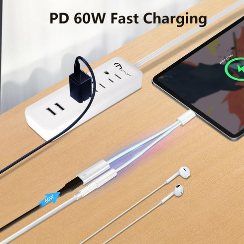 USB C to 3.5mm Audio Adapter with Charger, 2 in 1 USB C to 3.5mm Headphone Jack Hi-Fi DAC with PD 60W
