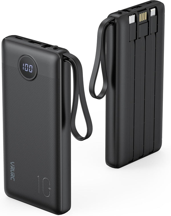 VRURC Portable Charger 10000mAh with Built-in Cables, Slim USB C Power Bank, 5 Output 2 Input, Compatible with iPhone,