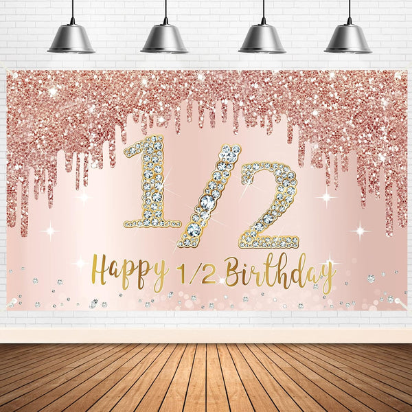 Happy 1/2 Birthday Banner Backdrop Decorations for Girls, Rose Gold Half Birthday Party Sign Supplies, Pink 6 Months