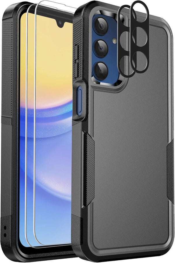 Ezanmull Samsung Galaxy A15 5G Case: Black, Shockproof, 15 FT Military Grade Drop Protection + Glass & Camera Lens