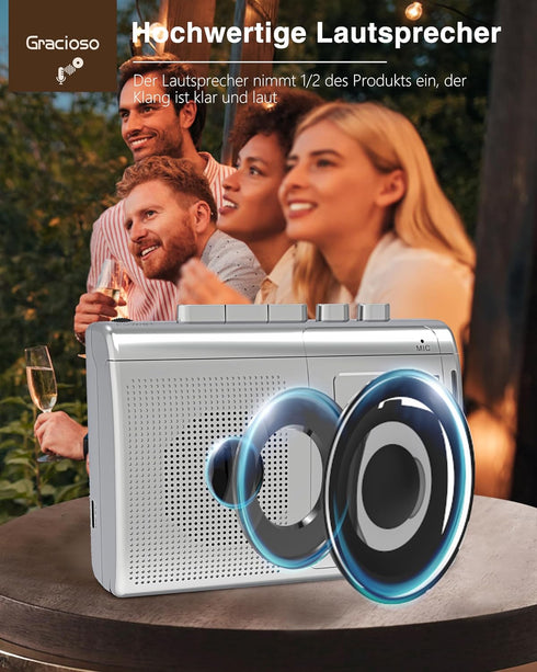 Gracioso Portable Cassette Player Recorder with Bluetooth Transmitter, AM FM Walkman with Headphone Jack, Big Speaker,
