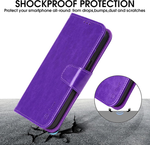 Arae Compatible with iPhone 13 Case with Card Holder and Wrist Strap Wallet Flip Cover for iPhone 13 6.1 inch, Purple