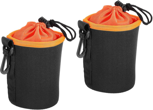 PATIKIL Camera Lens Bag, 2 Pcs 3.5" ID x 5.5" H Drawstring Pouch, Thick Neoprene, Black Orange