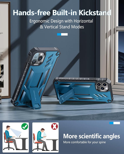 FNTCASE iPhone 11 Pro Max Case: Heavy Duty Blue Shockproof Dual Layer with Kickstand - Military Grade Protection.
