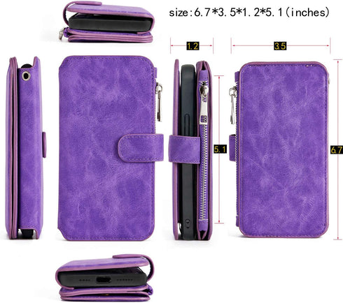 MODOS LOGICOS Detachable Wallet Folio Compatible with iPhone 12 Pro Max, Purple PU Leather Purse with Zipper Cash