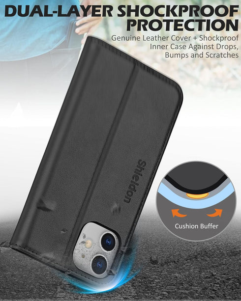 SHIELDON Case for iPhone 12/12 Pro 5G, Genuine Leather Wallet Case with RFID Blocking and Kickstand
