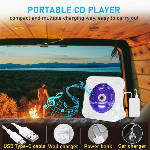 Portable CD Player for Home, Bluetooth CD Player with Speakers, FM Radio, Timer, AUX Jack, USB Input, LCD Screen