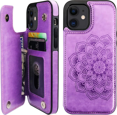 Vaburs Wallet Case for iPhone 12 and iPhone 12 Pro, Embossed Mandala Pattern PU Leather with Card Holder, Purple