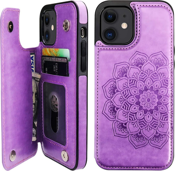 Vaburs Wallet Case for iPhone 12 and iPhone 12 Pro, Embossed Mandala Pattern PU Leather with Card Holder, Purple
