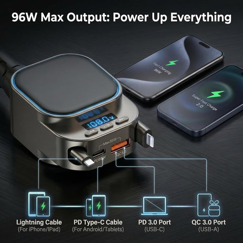 JOULPOUZA 96W 4-in-1 5.3 Retractable Car Charger, FM Transmitter, Fast Charging USB C Bluetooth Car Adapter, Wireless