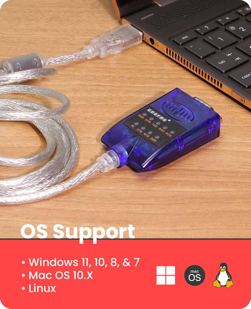 USB to Serial RS-232 Adapter with LED Indicators, FTDI Chipset, Supports Windows 11/10/8.1/8/7, Mac OS X 10.6 and Above