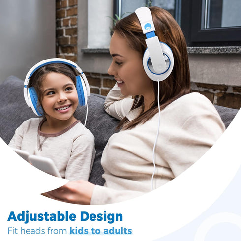 rockpapa Comfort Kids Headphones for School, Lightweight Over-Ear Wired 3.5mm for Boys Girls Teens, Travel White/Blue