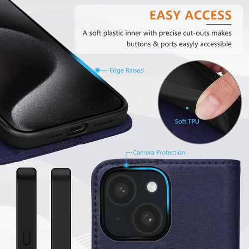 Wallet Case for iPhone 15 Plus - Dark Blue, Genuine Leather Flip Folio, Compatible with MagSafe, RFID Blocking