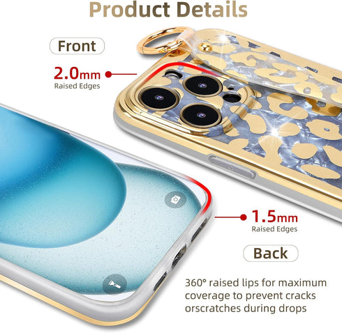 Cheetah Print Ultra Slim IMD Shockproof Wrist Band Kickstand Cover Case for iPhone 13 Pro 6.1-inch (Leopard Skin