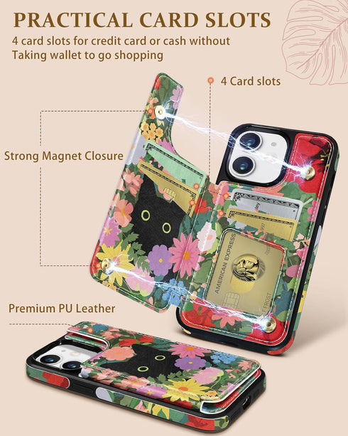 Shorogyt Wallet Case for iPhone 11, Designer Floral Cat Pattern Kickstand Magnetic Clasp Leather Phone Case