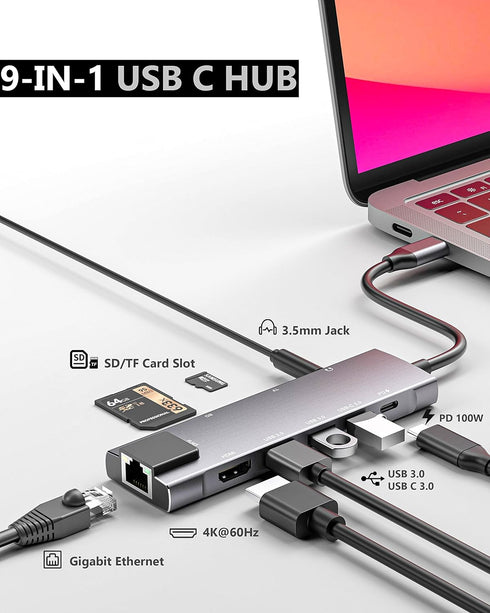 USB C Hub 9 in 1 Multiport Adapter with Gigabit Ethernet, 100W PD, 4K@60Hz, for MacBook, iPad Pro, iPhone 15