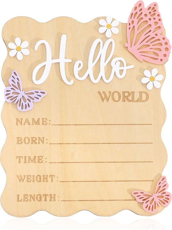 TERJIO Butterfly Daisy Hello World Board - Little Butterfly Birth Announcement Sign,Wooden Hello