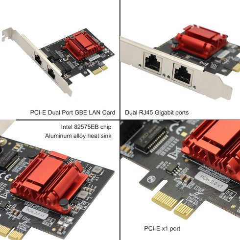 Dual Port Gigabit Ethernet Converged PCI-E x1 Card, 2X RJ45 Gigabit Network Interface Controller Adapter
