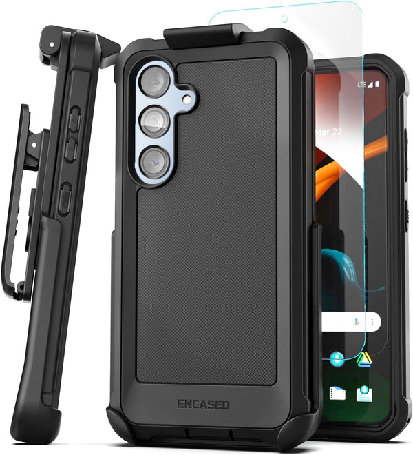 Samsung Galaxy S24 Plus Rugged Belt Case by Encased - Heavy Duty Cover with Holster Clip & Tempered Glass Protector.