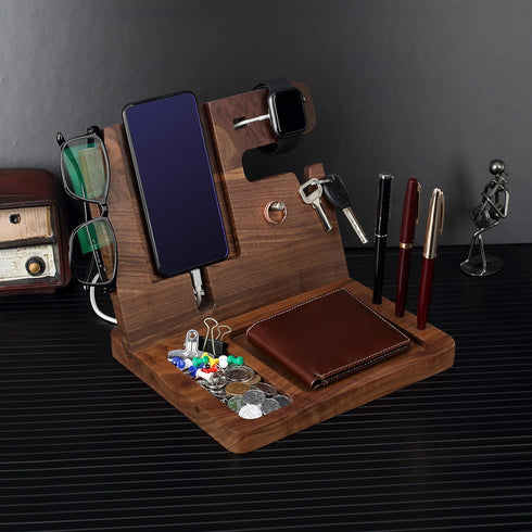awofer Ebony Wood Phone Docking Station Gifts for Men - Nightstand Organizer with Key Holder, Wallet Stand, Watch
