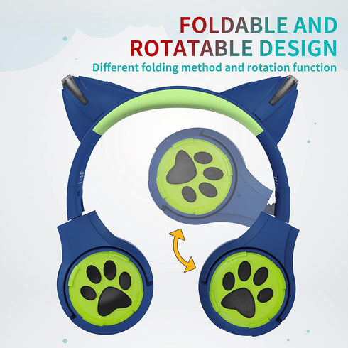 Riwbox CF9 Cat Ear Kids Bluetooth Headphones with LED Light, Safe 85dB Volume Limit