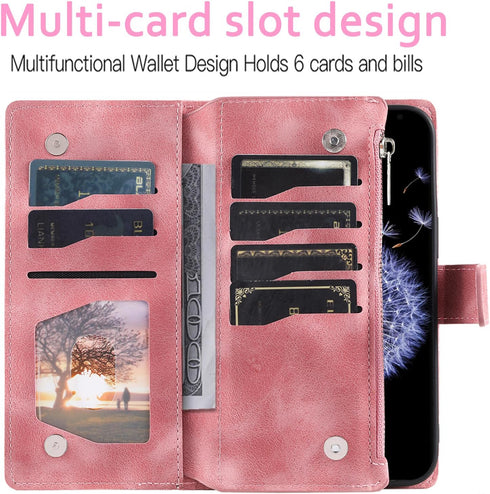 Asuwish Wallet Case for Samsung Galaxy S9 Plus - Mandala Flower, Zipper Card Holder, Tempered Glass, Wrist Strap, Rose