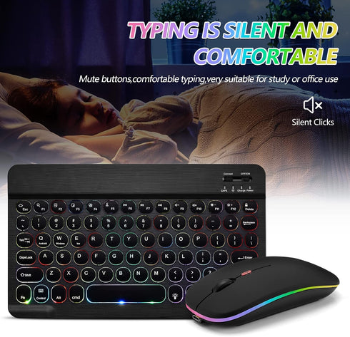 Ultra-Slim Bluetooth Keyboard and Mouse, Portable Mini Wireless Keyboard with 7-Color Backlit for iOS Android Windows