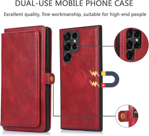 Asuwish Wallet Detachable Cover for Samsung Galaxy S23 Ultra 5G, Leather Flip Credit Card Holder with Magnetic Back, Red