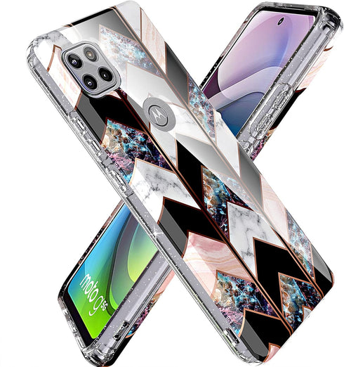 BAISRKE for Moto G 5G Case, Motorola One 5G Ace Shiny Rose Gold Wave Geometric Marble Shockproof Cover