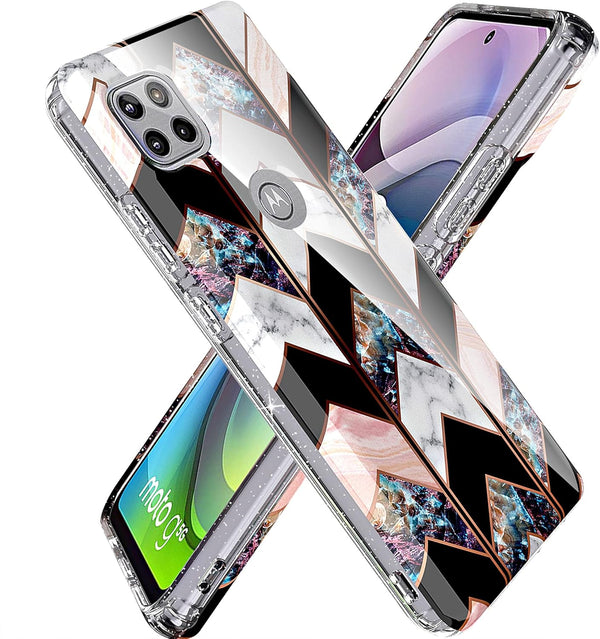 BAISRKE for Moto G 5G Case, Motorola One 5G Ace Shiny Rose Gold Wave Geometric Marble Shockproof Cover