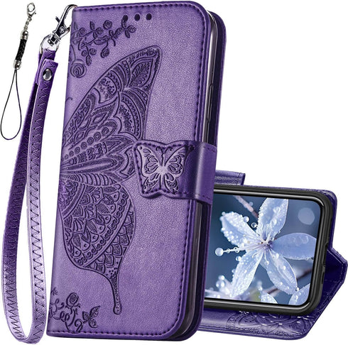 iPhone 12 Pro/iPhone 12 Wallet Case, Women Flip Folio Cover with Butterfly Embossed PU Leather, Purple
