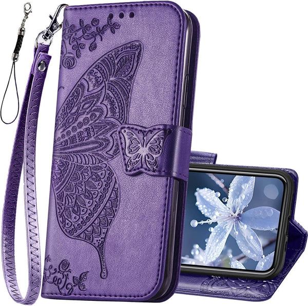 iPhone 12 Pro/iPhone 12 Wallet Case, Women Flip Folio Cover with Butterfly Embossed PU Leather, Purple