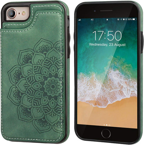 Vaburs Wallet Case for iPhone SE(2022)/SE(2020)/8/7, Embossed Mandala Pattern Flower, Green