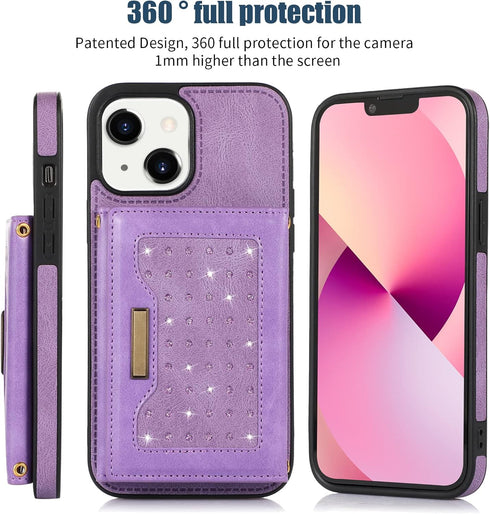 Asuwish iPhone 13 Case: 6.1" Wallet Cover, Card Holder, Tempered Glass Protector, Leather Bling, Purple for Women.