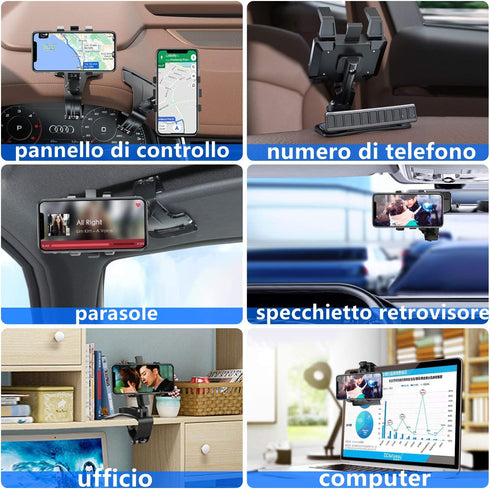 Car Phone Holder, Multifunction Car Dashboard Holder Rearview Mirror with 360° Adjustable Spring Clip, Suitable for 3