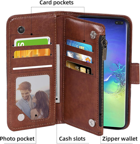 Asuwish Wallet Case for Samsung Galaxy S10 Plus - Brown Leather Flip with Tempered Glass & Card Holder Stand.