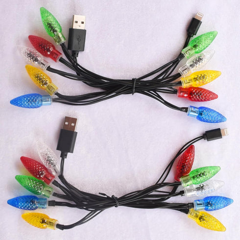2 Pack Christmas Light Phone Charger Cord USB-A to Lightning 55"/10 LED Bulb Cables for iPhone 5-14 Plus Pro X XR XS