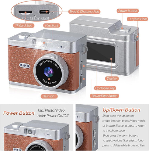 Brynnl 1080P 0.96" Mini Retro Keychain Digital Camera, Ultra-Compact Tiny Camera with Video, Display, Long Battery