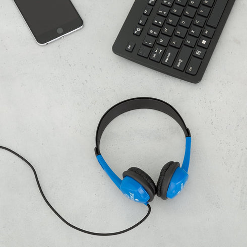 Egghead Blue Heavy-Duty Kids' Stereo Headphones, Adjustable, Tangle-Free, Padded Ear Cups, 4' Cord for School Use.